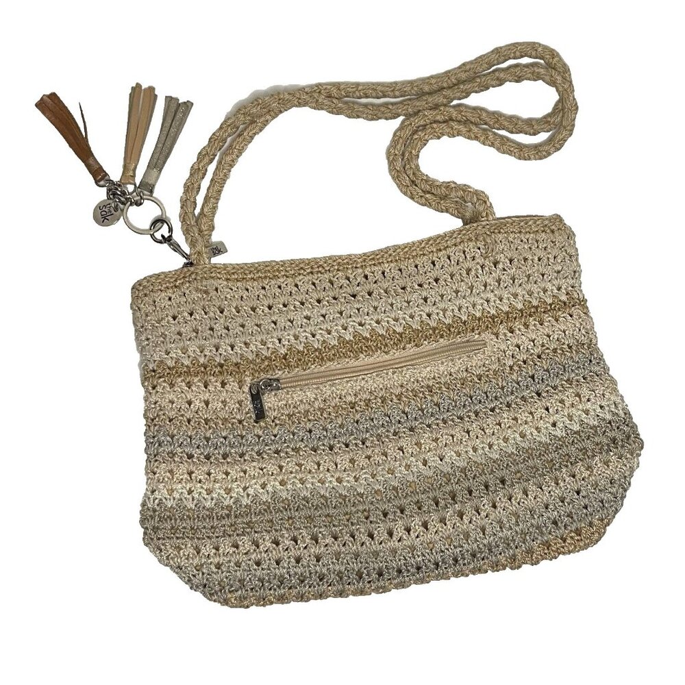 The Sak Beige Crochet Tan Knit Stripe Shoulder Bag Handbag Purse Lined Keyfob